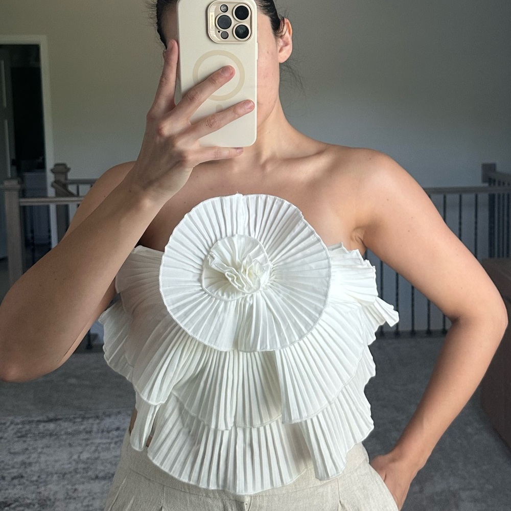 White Pleated Strapless Floral Applique Top